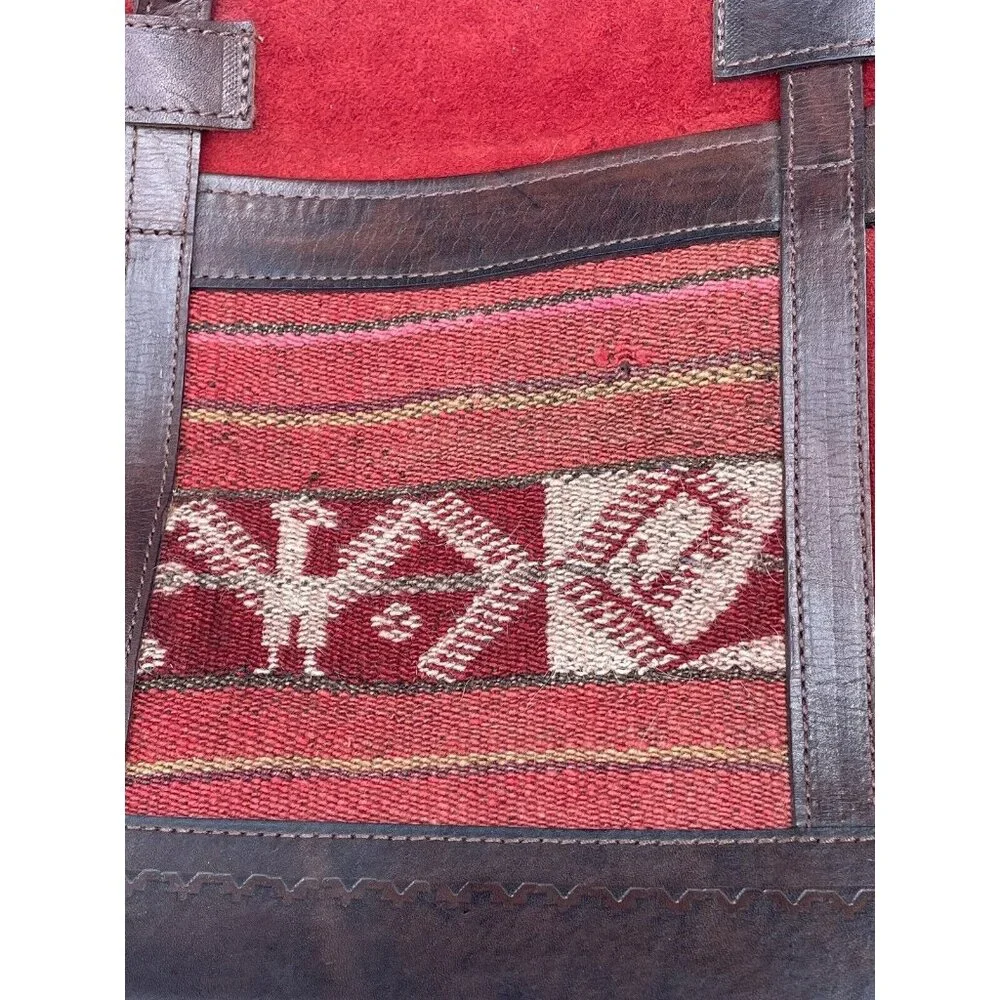 Bolivian VTG BOHO Red Suede Brown Leather‎ & Tapestry Zipper Tote Purse Bag